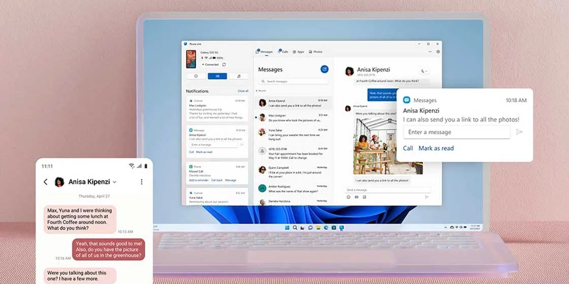Windows PC and smartphone connected via Phone Link for calls, messages, and photos